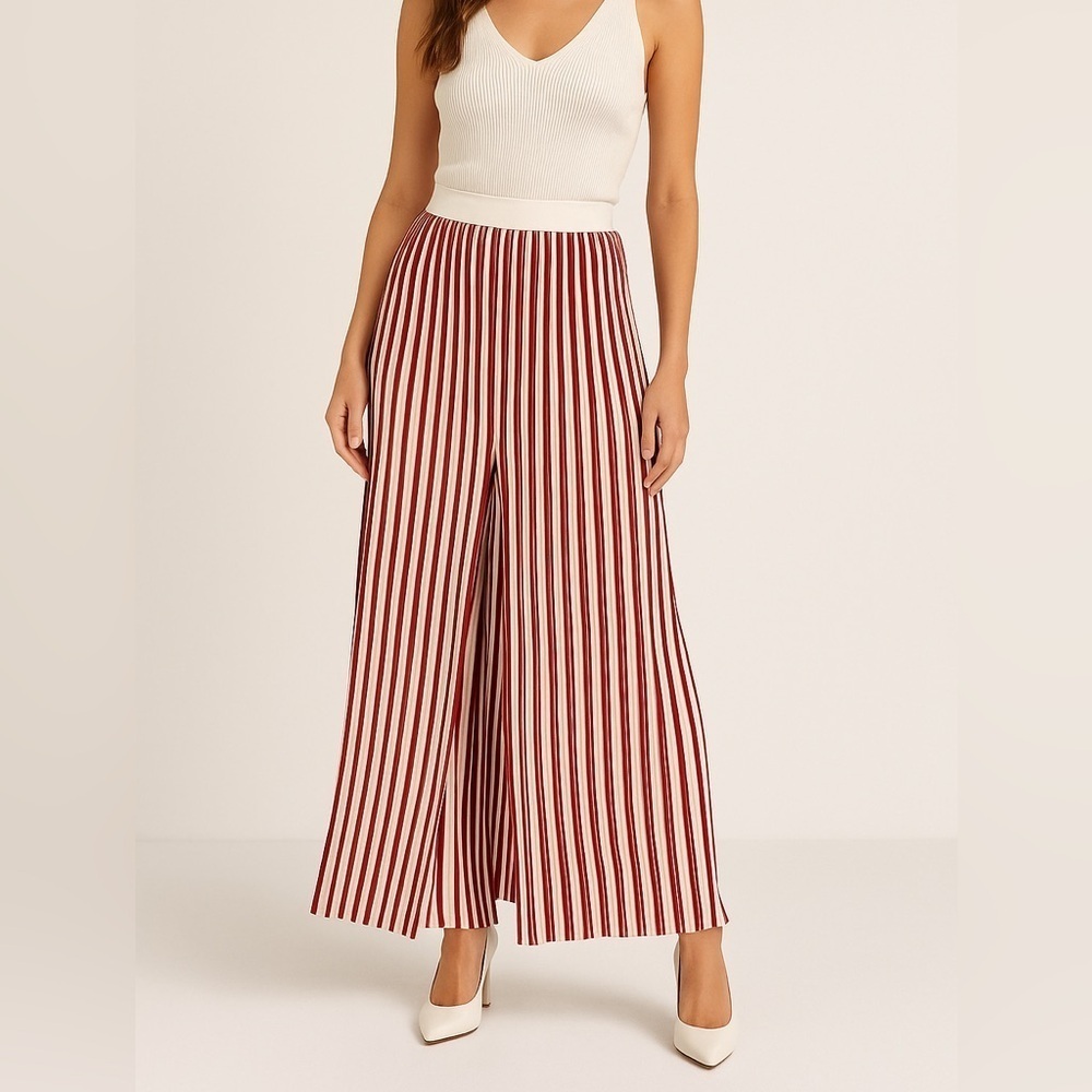Vivienne Hu Red White Pleated Wide Leg Palazzo Pants Size 4